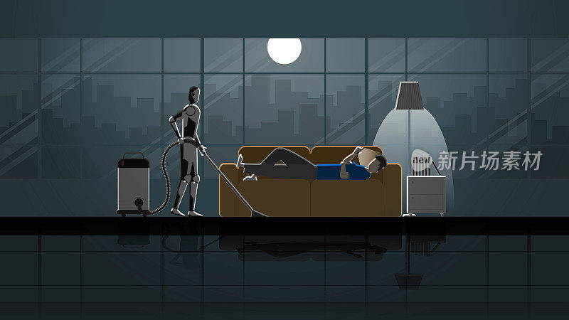 Robot Artificial intelligence mechanism clean and work as maid in the house for 24 hours in the dark and full moonlight with people. Man lay down on sofa and use smartphone in living room with relax.
